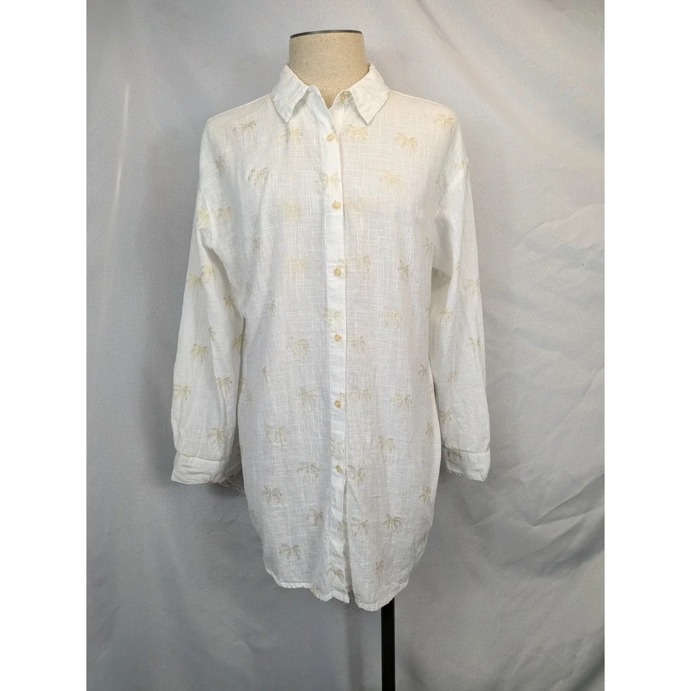 Palm Tree Tropical Resort Beach White‎ Gold Button Up Shirt Tunic blue island XL